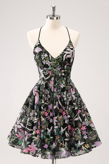 Sparkly A Line Floral Little Black Dress with Sequins